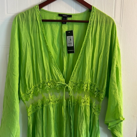NWT forever 21 Lime Green Linen and Lace Kimono - Picture 1 of 6